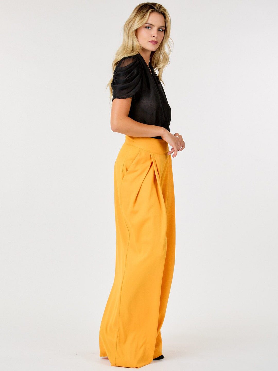WOMEN'S ZIP UP PLEATED FRONT POCKETS WIDE LEG PANTS