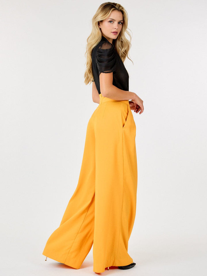 WOMEN'S ZIP UP PLEATED FRONT POCKETS WIDE LEG PANTS