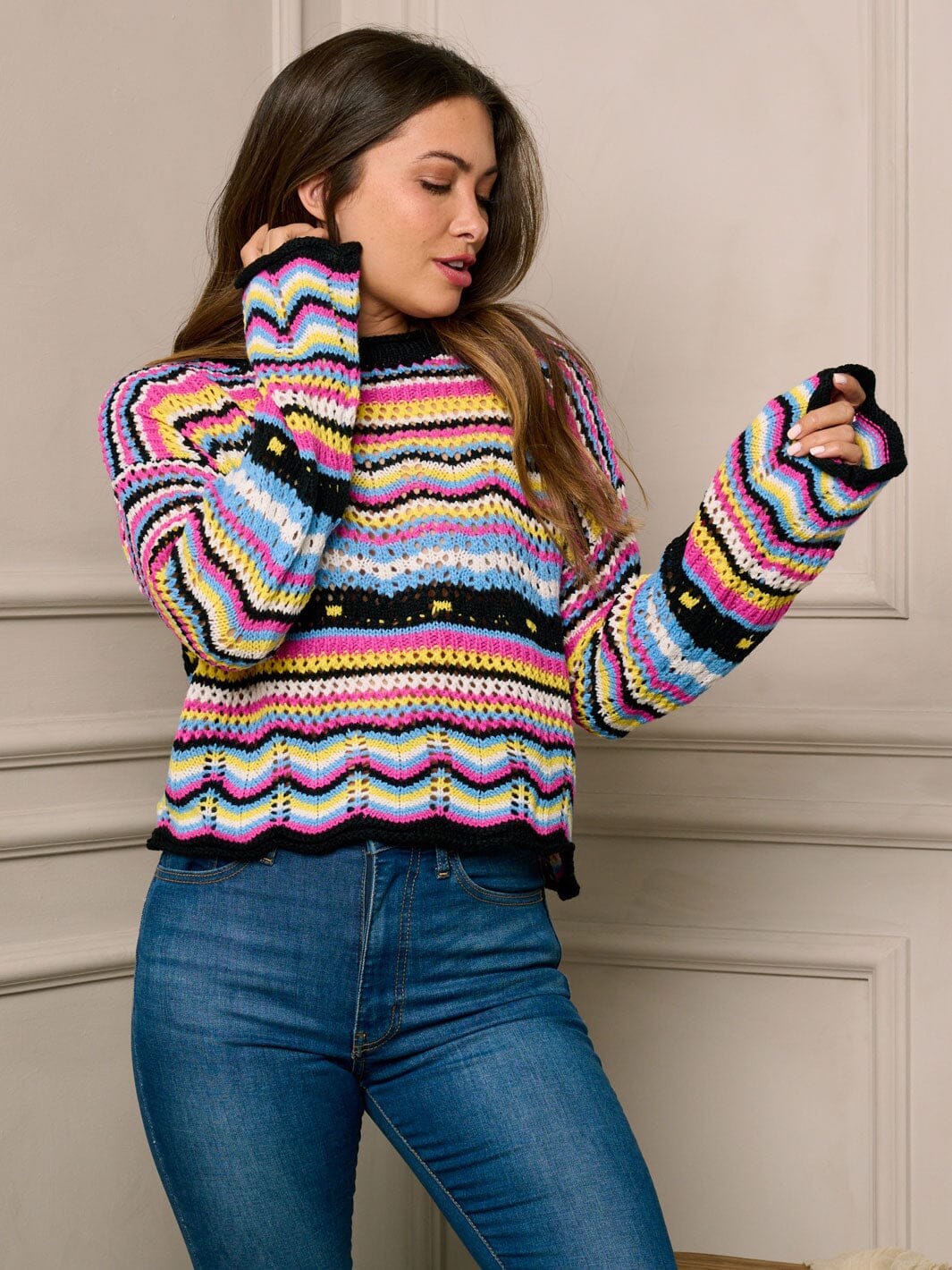 WOMEN'S LONG BELL SLEEVE MULTI COLOR STRIPES TOP
