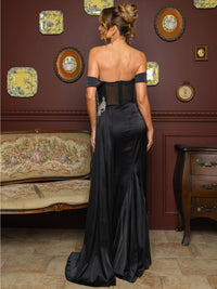 WOMEN'S OFF SHOULDER FRONT SLIT MESH STUDS DETAILED MAXI GOWN DRESS