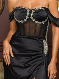 WOMEN'S OFF SHOULDER FRONT SLIT MESH STUDS DETAILED MAXI GOWN DRESS