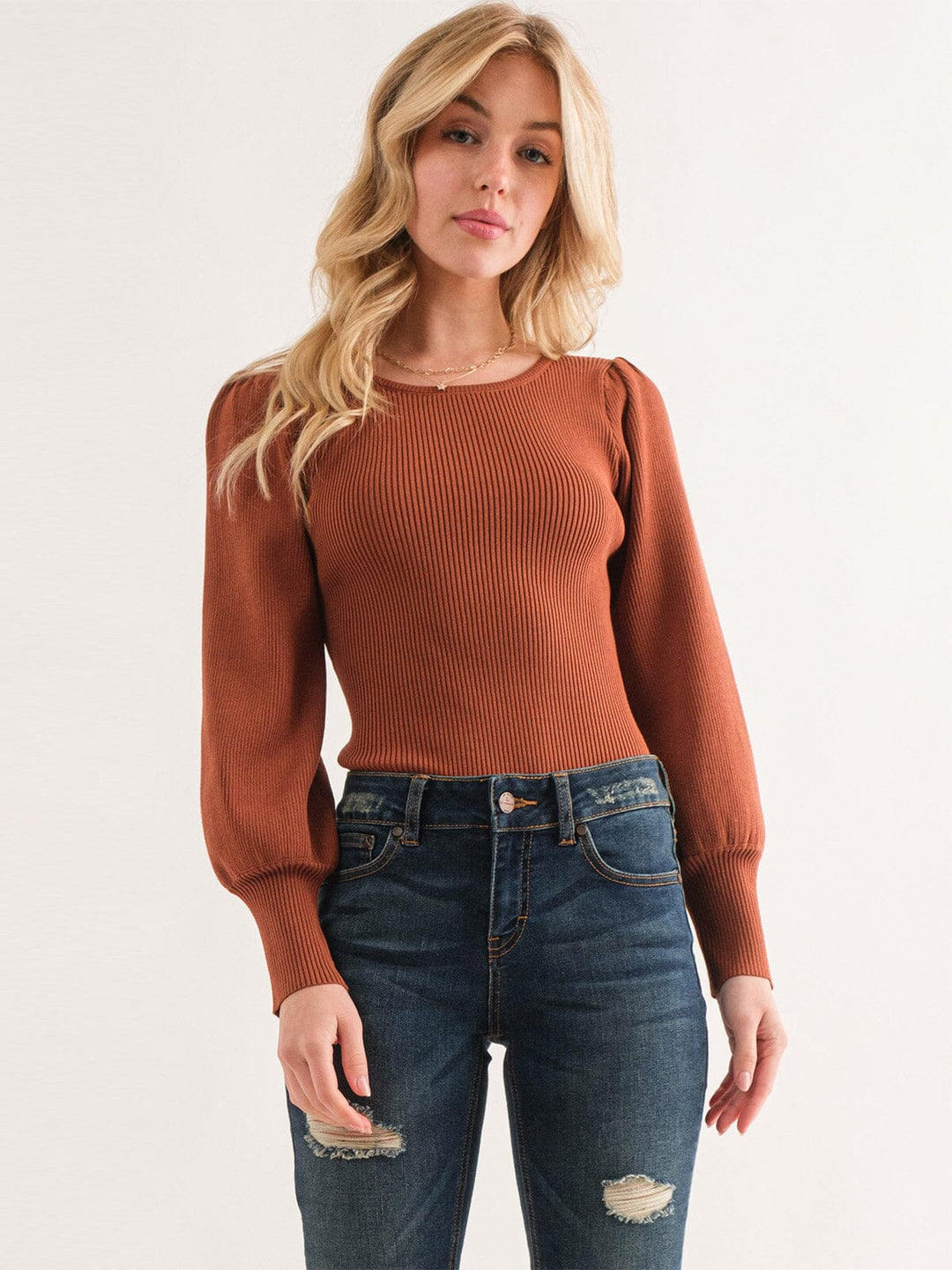 WOMEN'S LONG PUFF SLEEVE RIBBED BODYSUIT