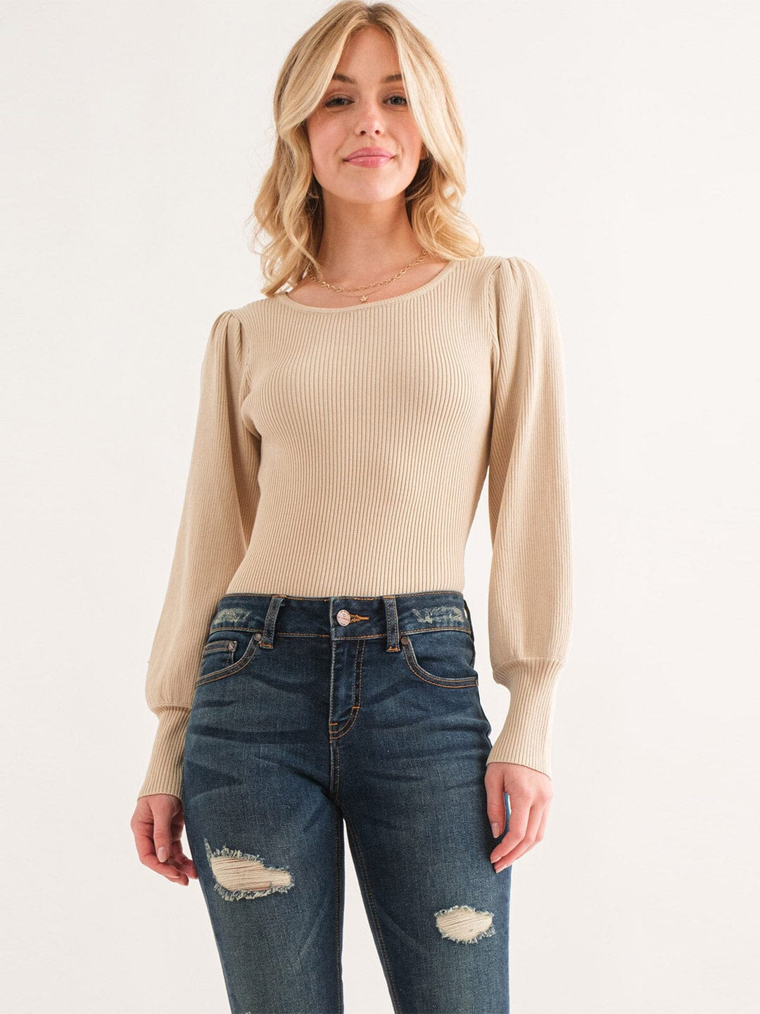 WOMEN'S LONG PUFF SLEEVE RIBBED BODYSUIT