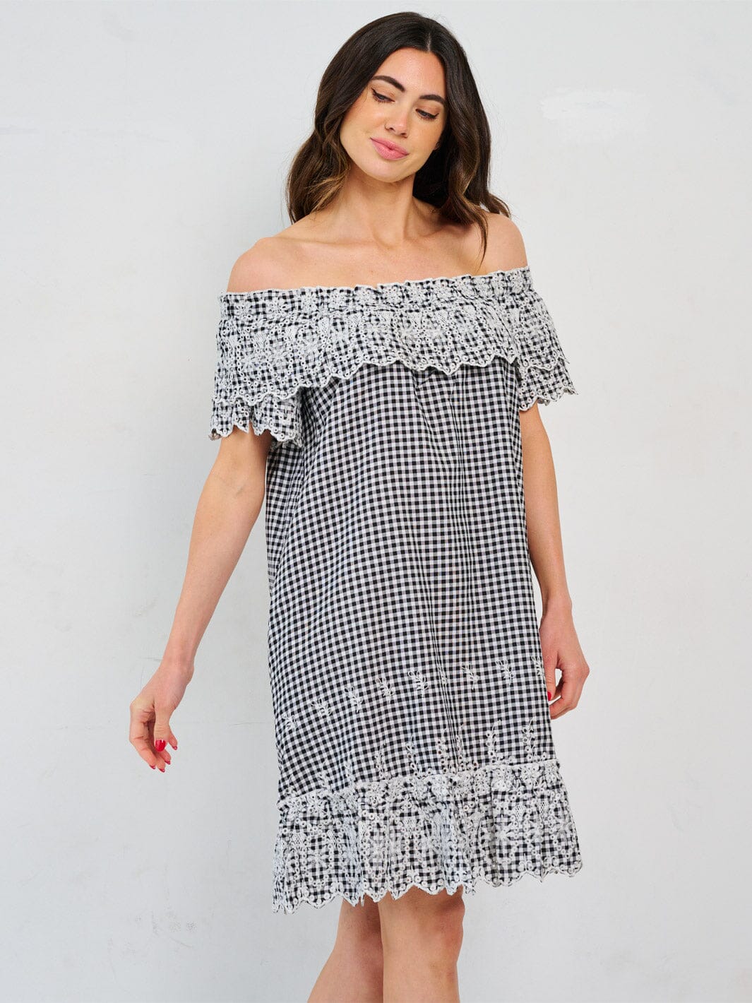 WOMEN'S OFF SHOULDER FRONT POCKETS PLAID CROCHET TUNIC MINI DRESS