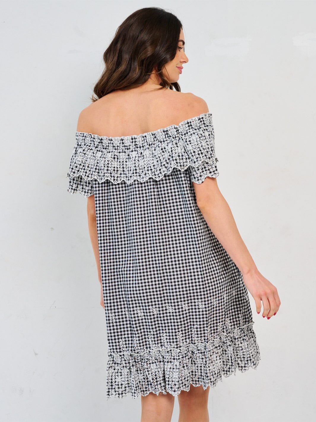WOMEN'S OFF SHOULDER FRONT POCKETS PLAID CROCHET TUNIC MINI DRESS