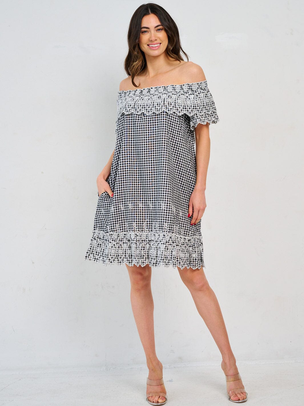 WOMEN'S OFF SHOULDER FRONT POCKETS PLAID CROCHET TUNIC MINI DRESS