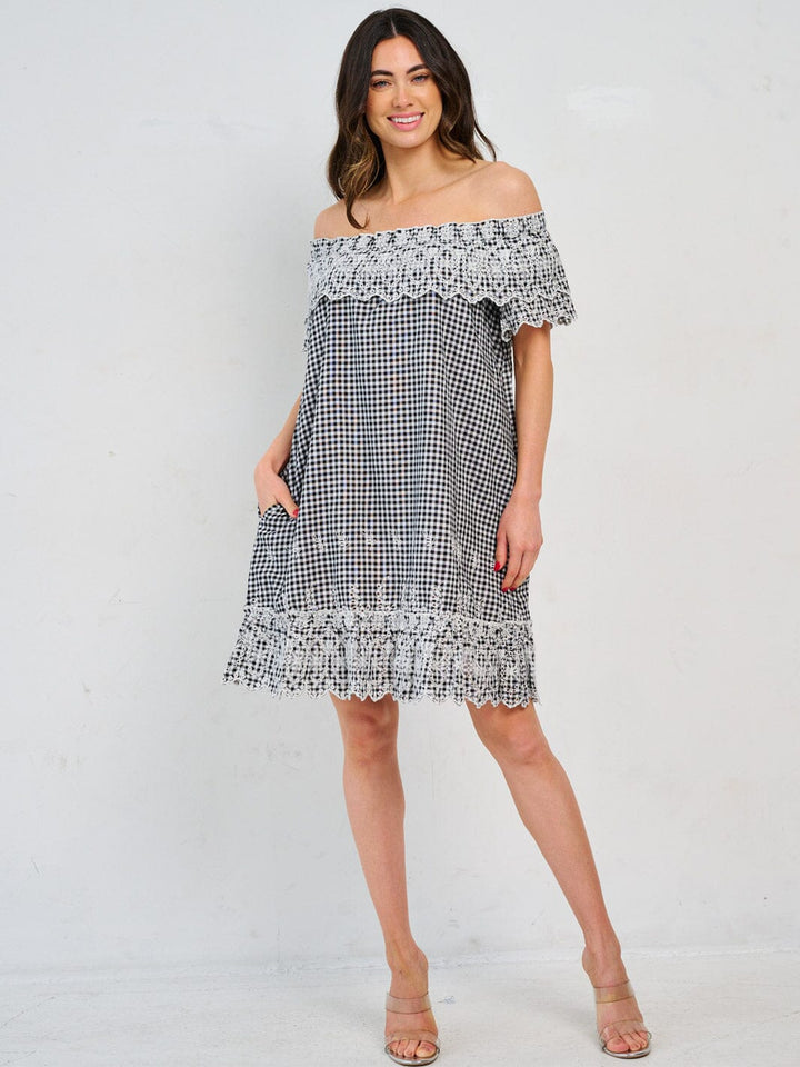 WOMEN'S OFF SHOULDER FRONT POCKETS PLAID CROCHET TUNIC MINI DRESS