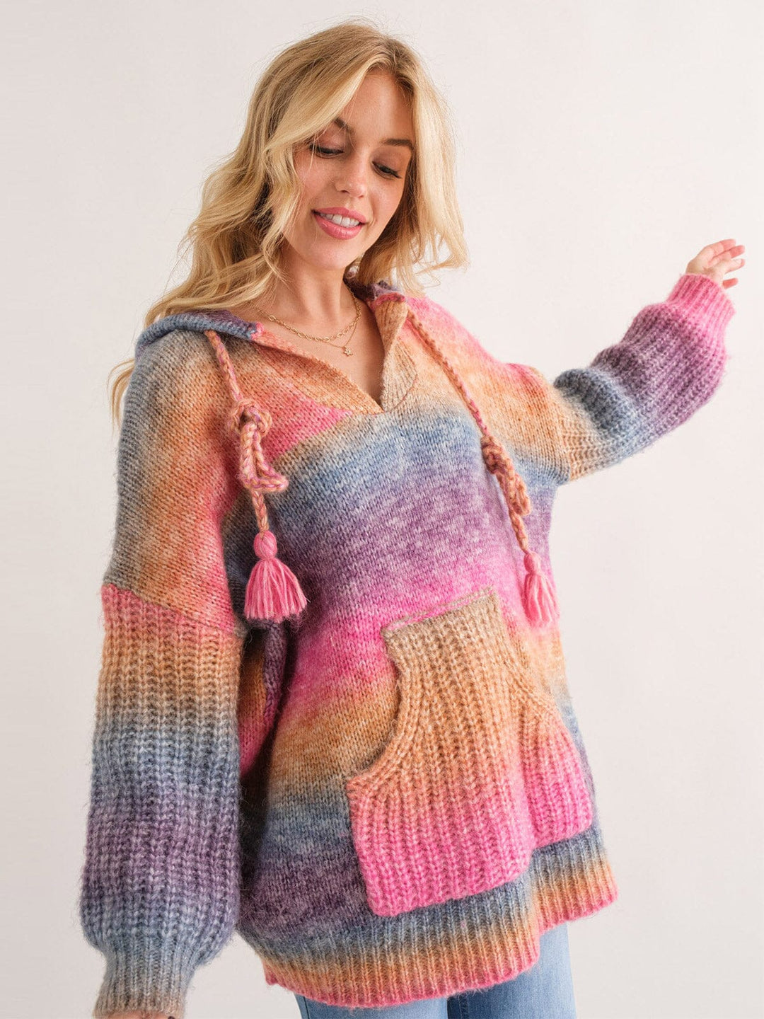 WOMEN'S LONG SLEEVE FRONT POCKET MULTI COLOR HOODED PULLOVER SWEATER