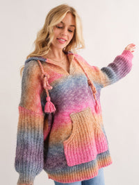 WOMEN'S LONG SLEEVE FRONT POCKET MULTI COLOR HOODED PULLOVER SWEATER