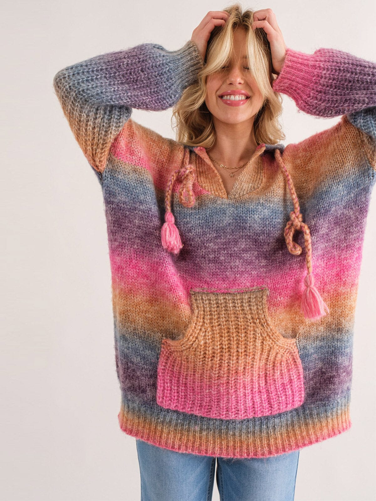 WOMEN'S LONG SLEEVE FRONT POCKET MULTI COLOR HOODED PULLOVER SWEATER