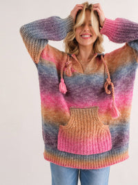 WOMEN'S LONG SLEEVE FRONT POCKET MULTI COLOR HOODED PULLOVER SWEATER