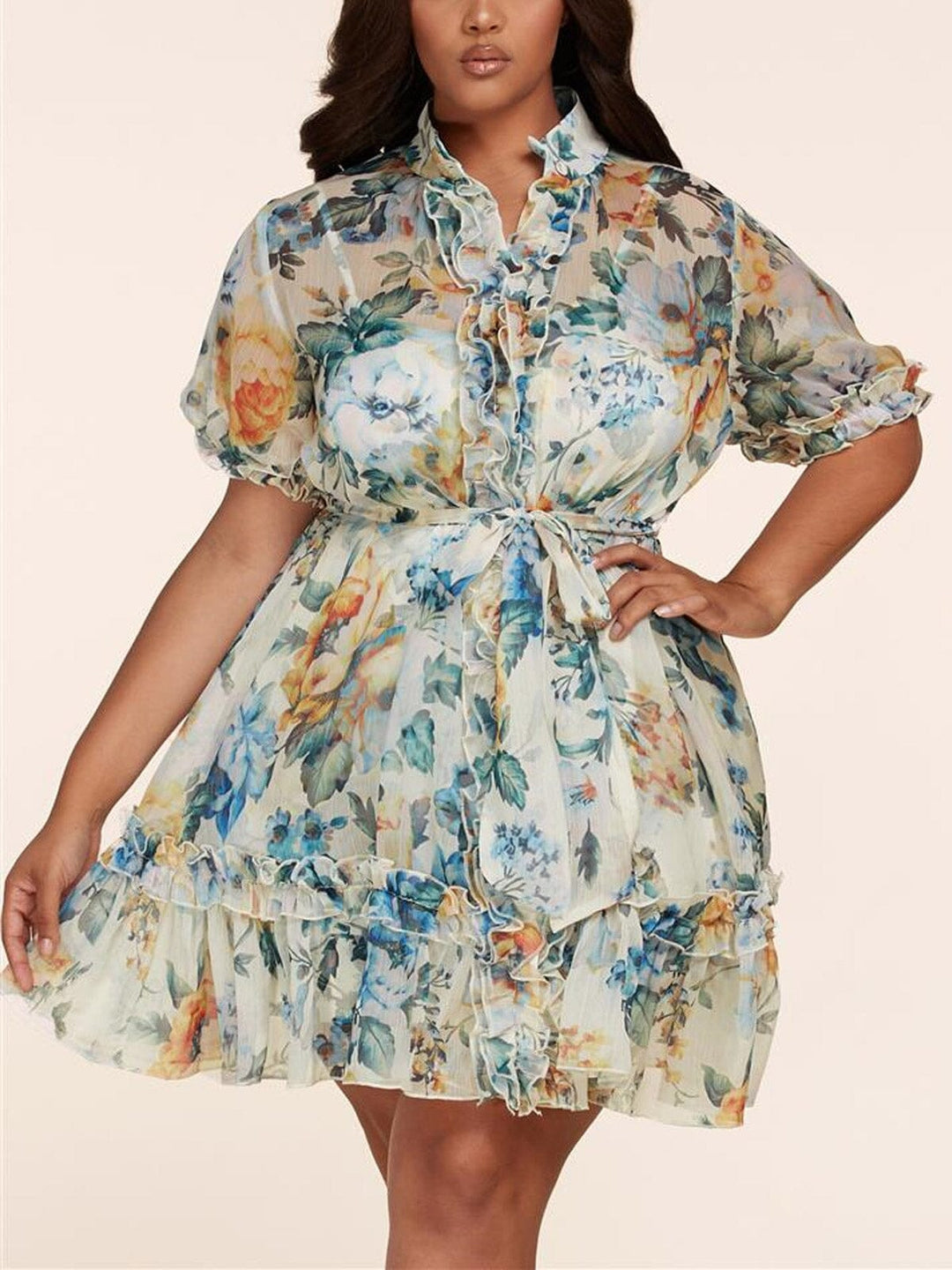 PLUS SIZE SHORT SLEEVE SELF TIE RUFFLE FLORAL MINI DRESS