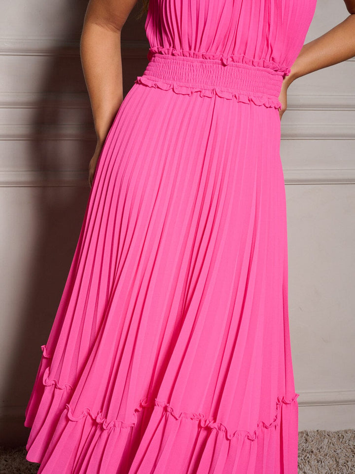 WOMEN'S SLEEVELESS HALTER NECK SMOCK PLEATED MAXI DRESS