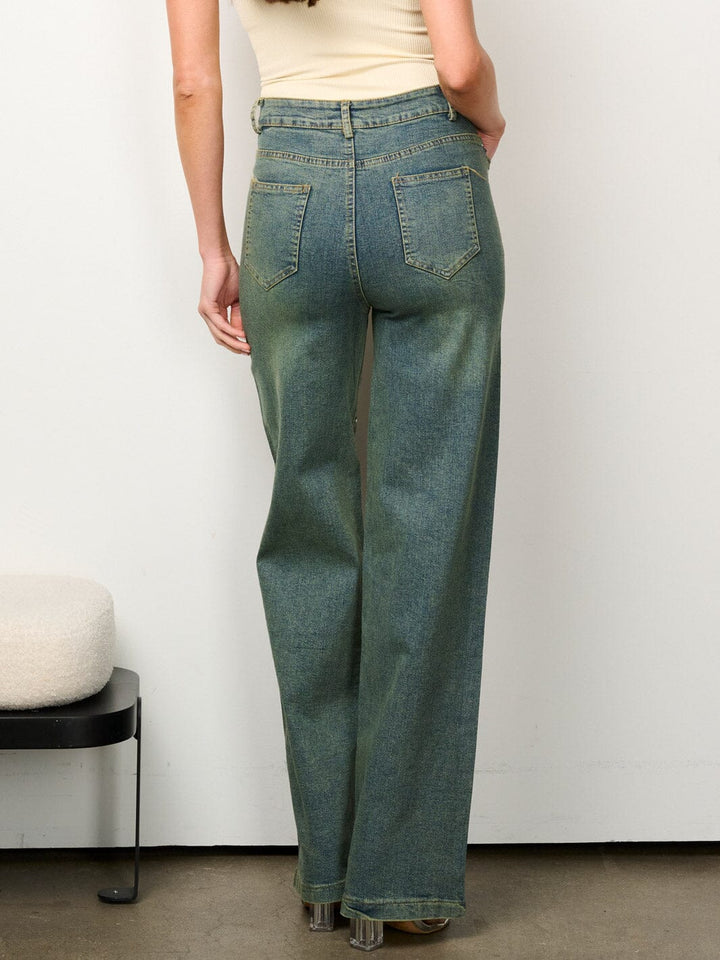 WOMEN'S BUTTON CLOSURE MULTI COLOR STUDS DETAILED DENIM PANTS
