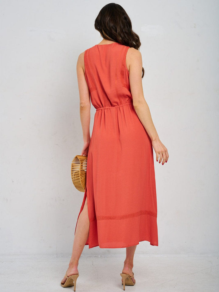 WOMEN'S SLEEVELESS V-NECK SELF TIE MAXI DRESS