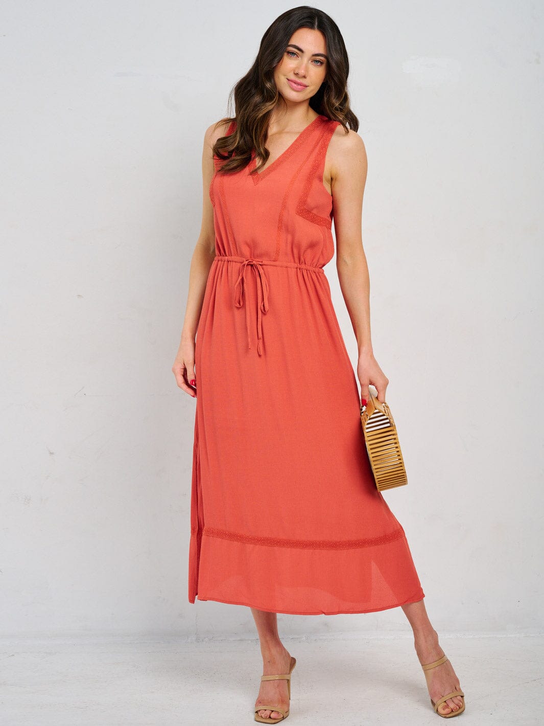 WOMEN'S SLEEVELESS V-NECK SELF TIE MAXI DRESS
