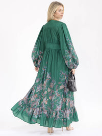 WOMEN'S LONG BALLOON SLEEVE V-NECK BUTTON UP FLORAL MAXI DRESS