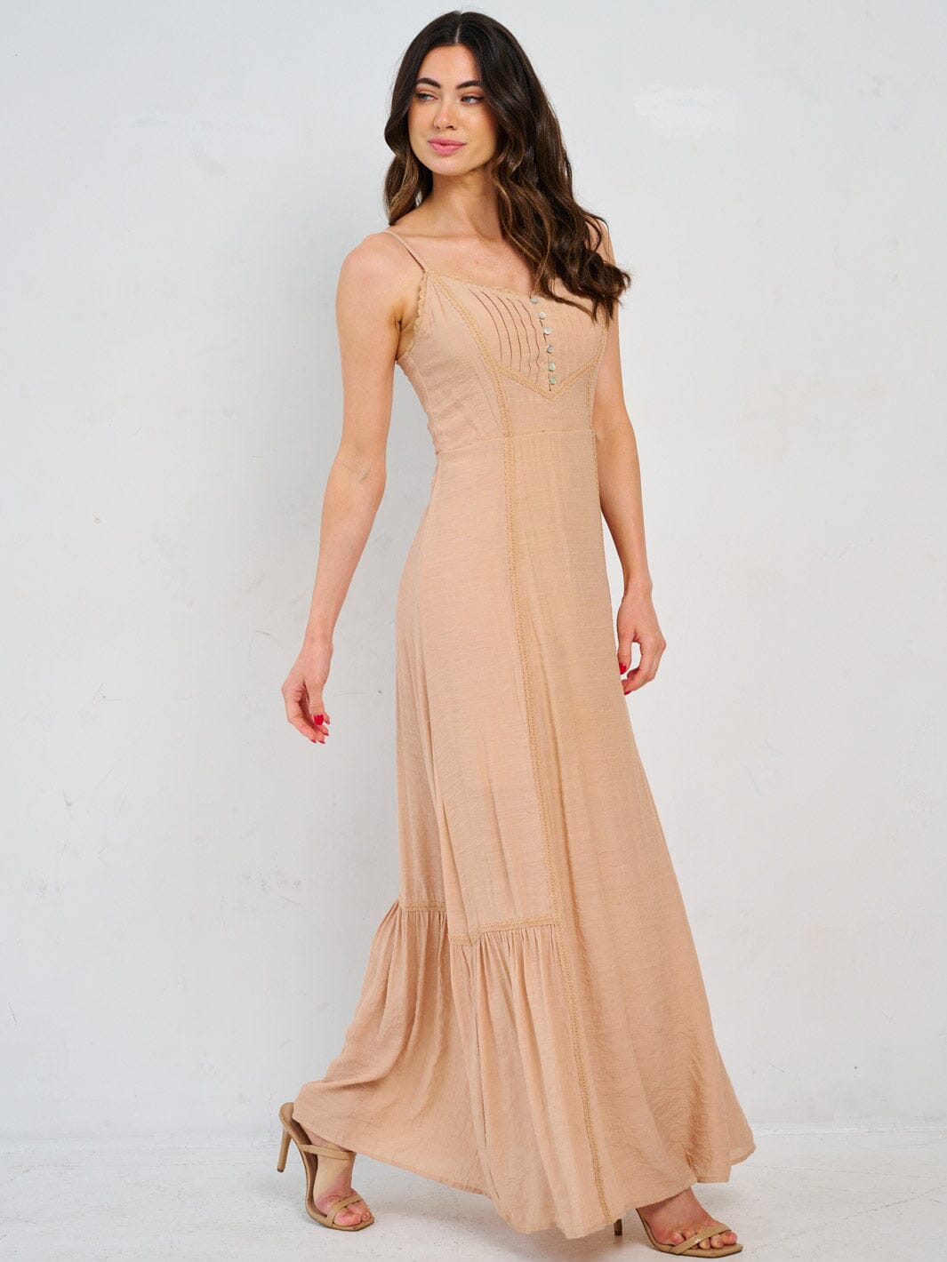 WOMEN'S SLEEVELESS V-NECK BUTTON UP MAXI DRESS