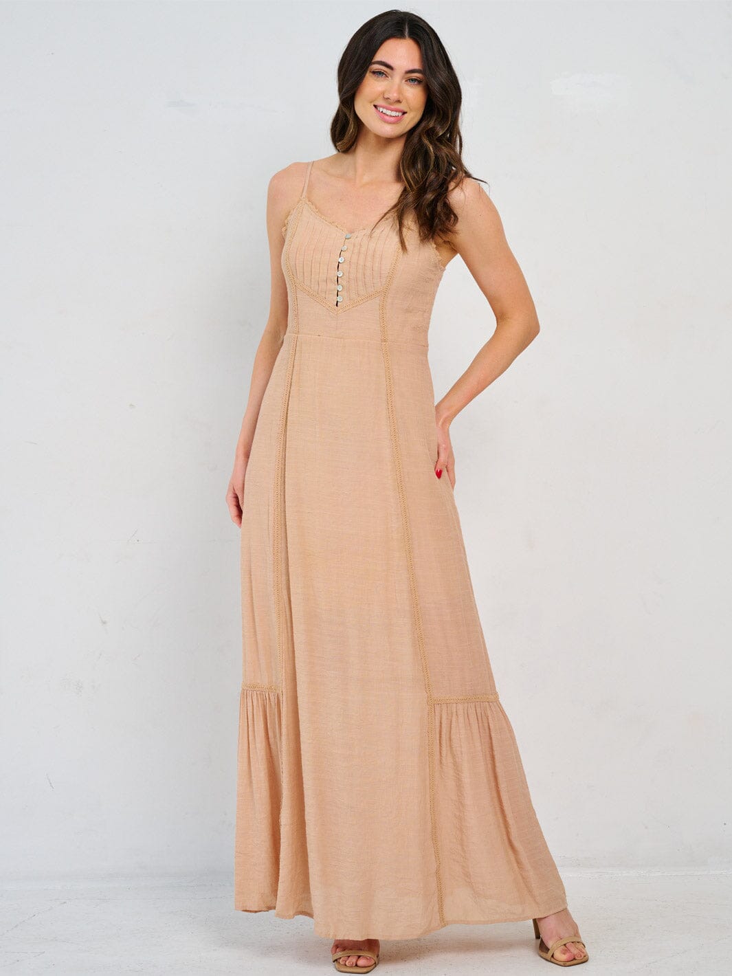 WOMEN'S SLEEVELESS V-NECK BUTTON UP MAXI DRESS