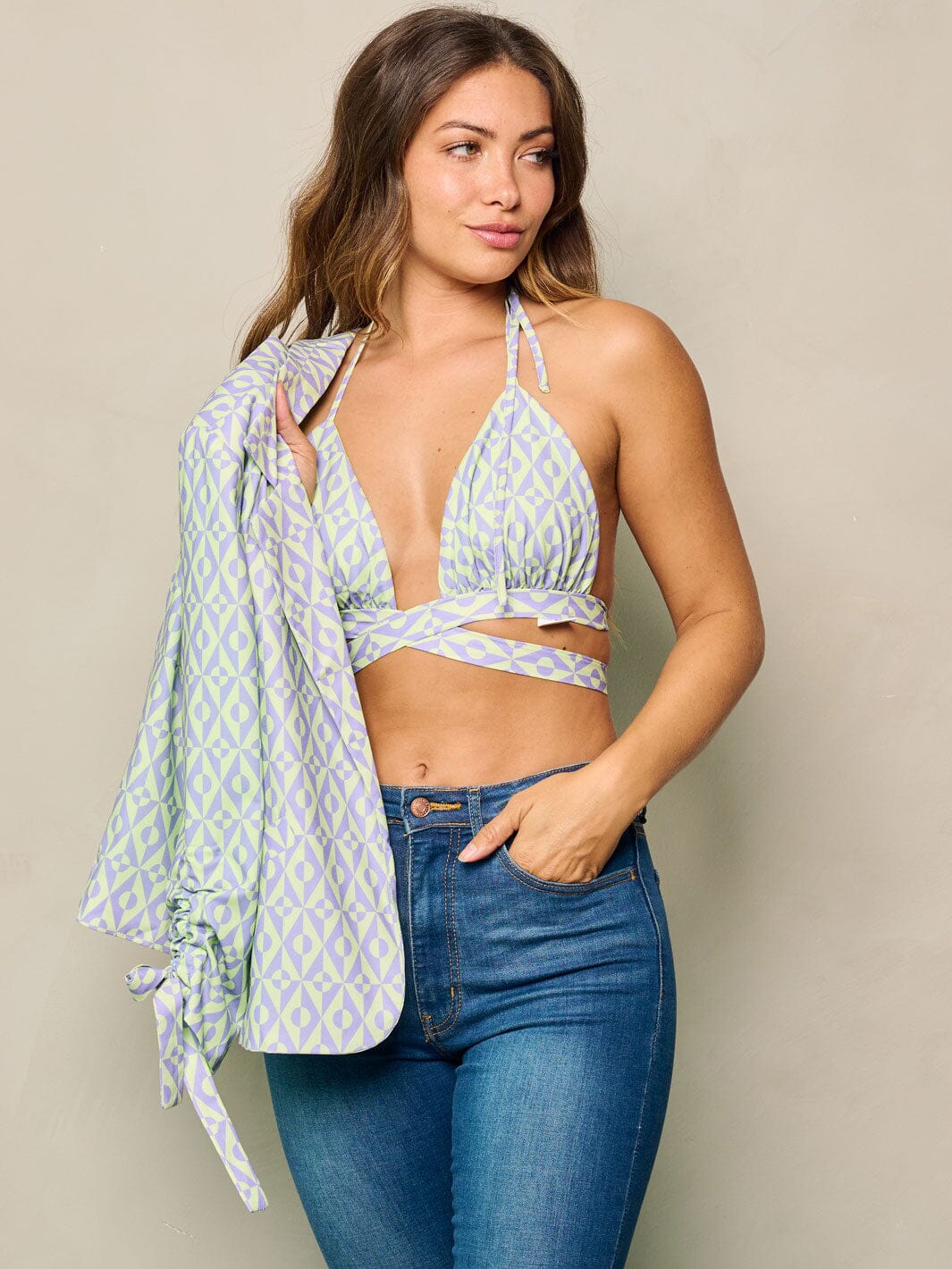 WOMEN'S 3/4 SLEEVES BLAZER & CROP TOP PRINTED 2PC SET.