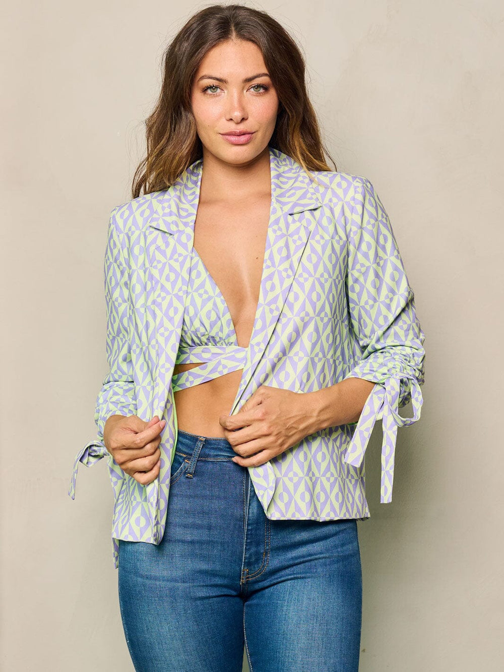 WOMEN'S 3/4 SLEEVES BLAZER & CROP TOP PRINTED 2PC SET.