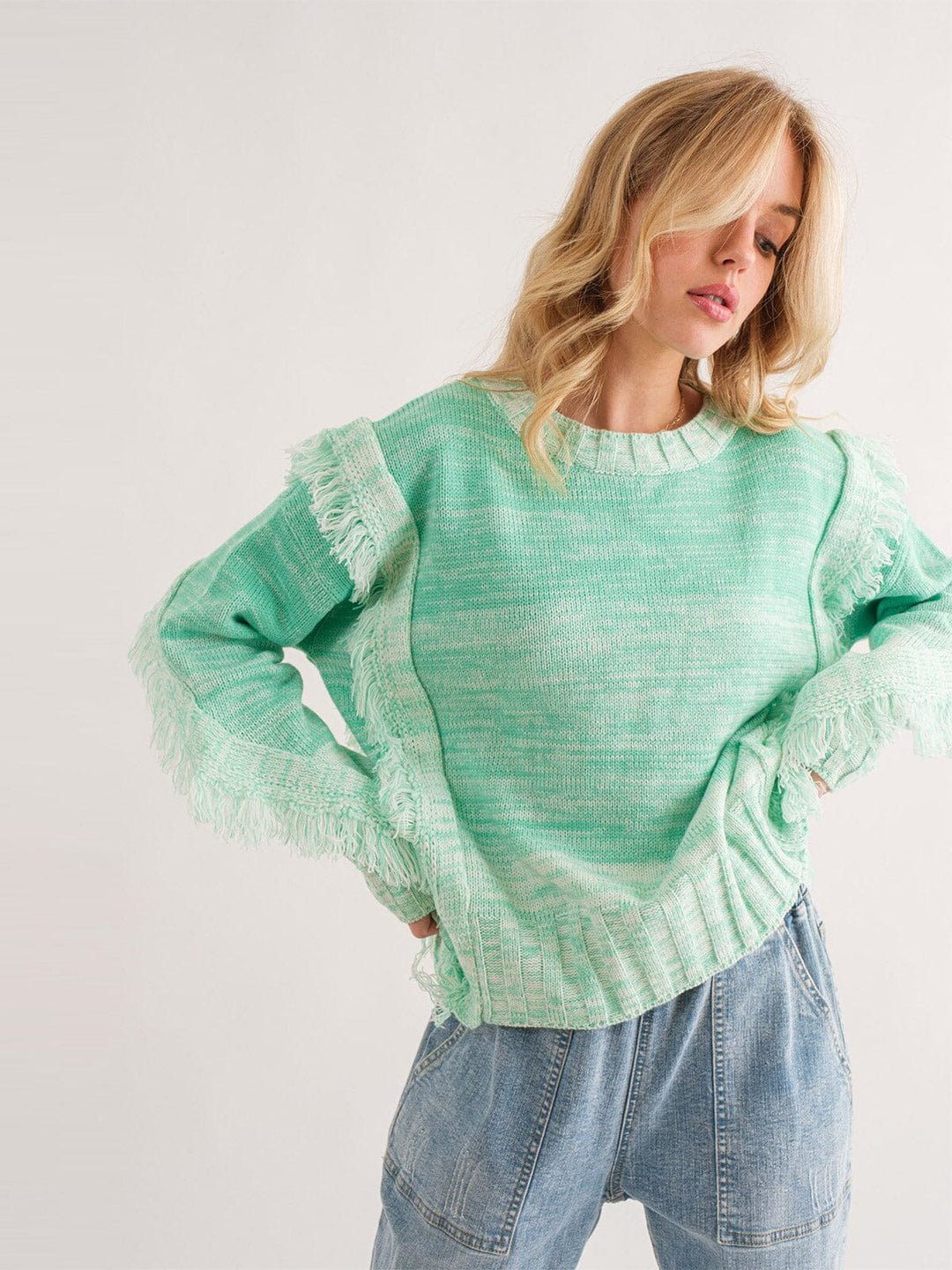 WOMEN'S LONG SLEEVE FRINGE TIE DYE PULLOVER SWEATER