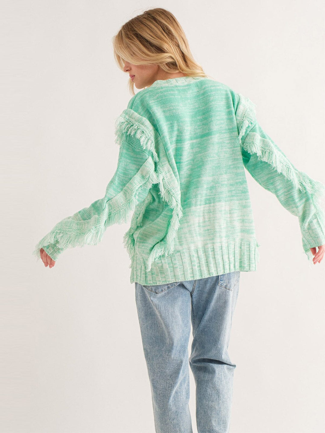 WOMEN'S LONG SLEEVE FRINGE TIE DYE PULLOVER SWEATER