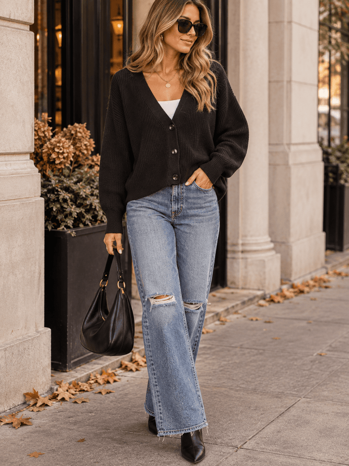 WOMEN'S LONG SLEEVE V-NECK BUTTON UP KNIT SWEATER