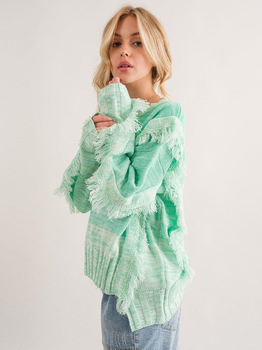 WOMEN'S LONG SLEEVE FRINGE TIE DYE PULLOVER SWEATER