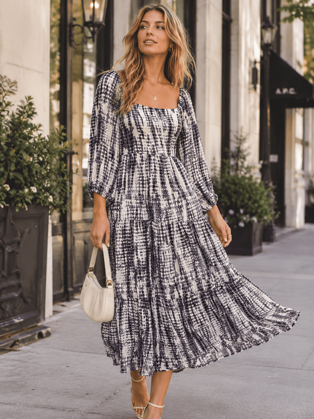 WOMEN'S 3/4 SLEEVES SQUARE NECK SMOCK ANIMAL PRINT MAXI DRESS