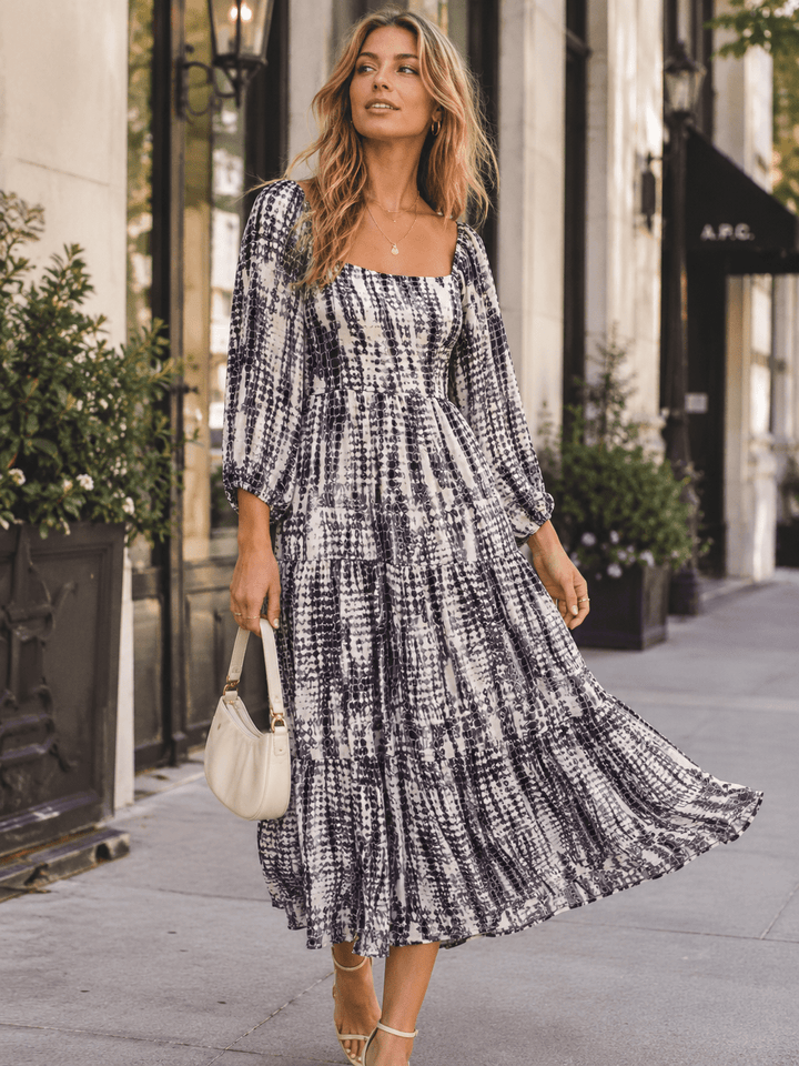 WOMEN'S 3/4 SLEEVES SQUARE NECK SMOCK ANIMAL PRINT MAXI DRESS