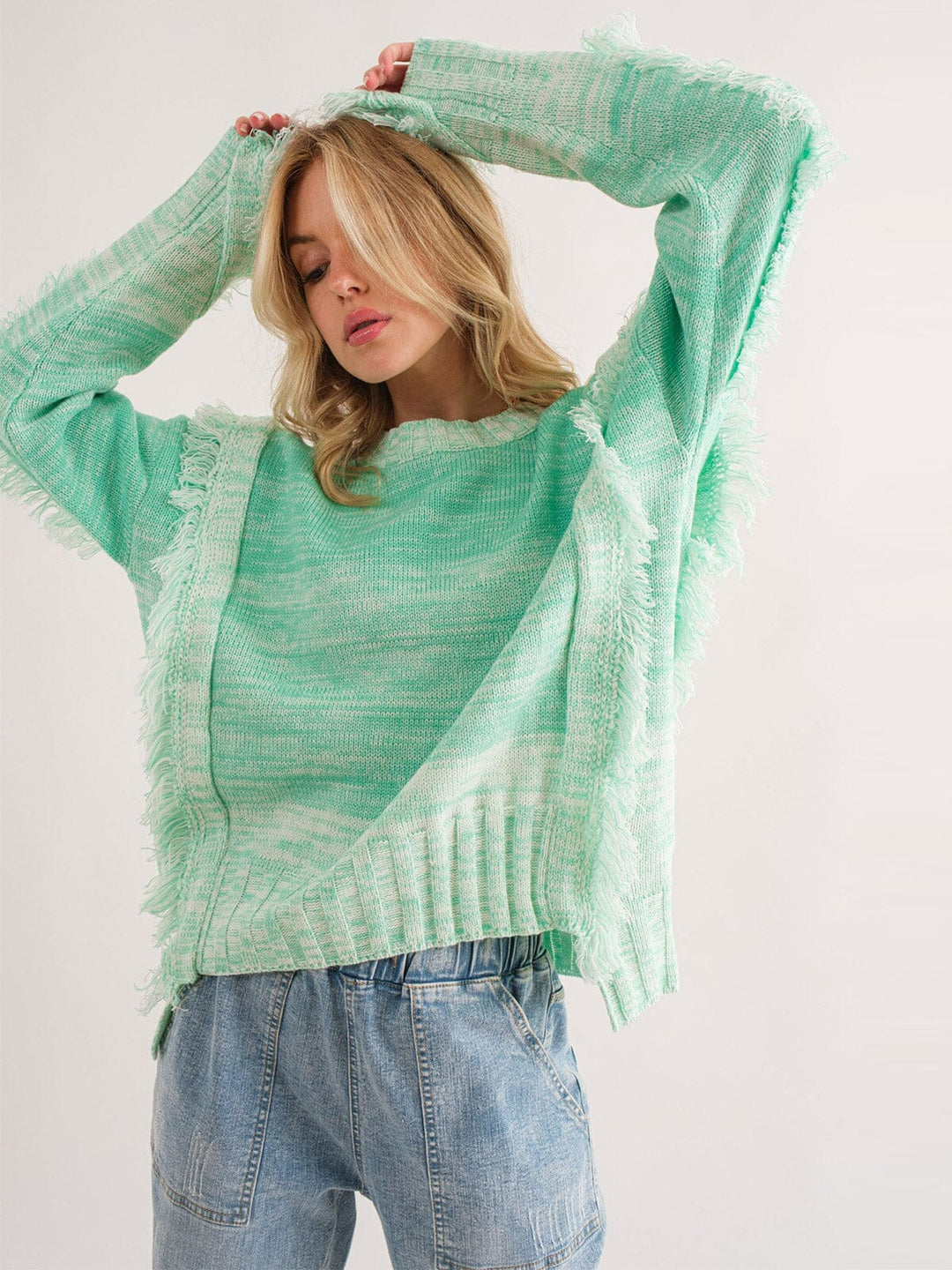 WOMEN'S LONG SLEEVE FRINGE TIE DYE PULLOVER SWEATER