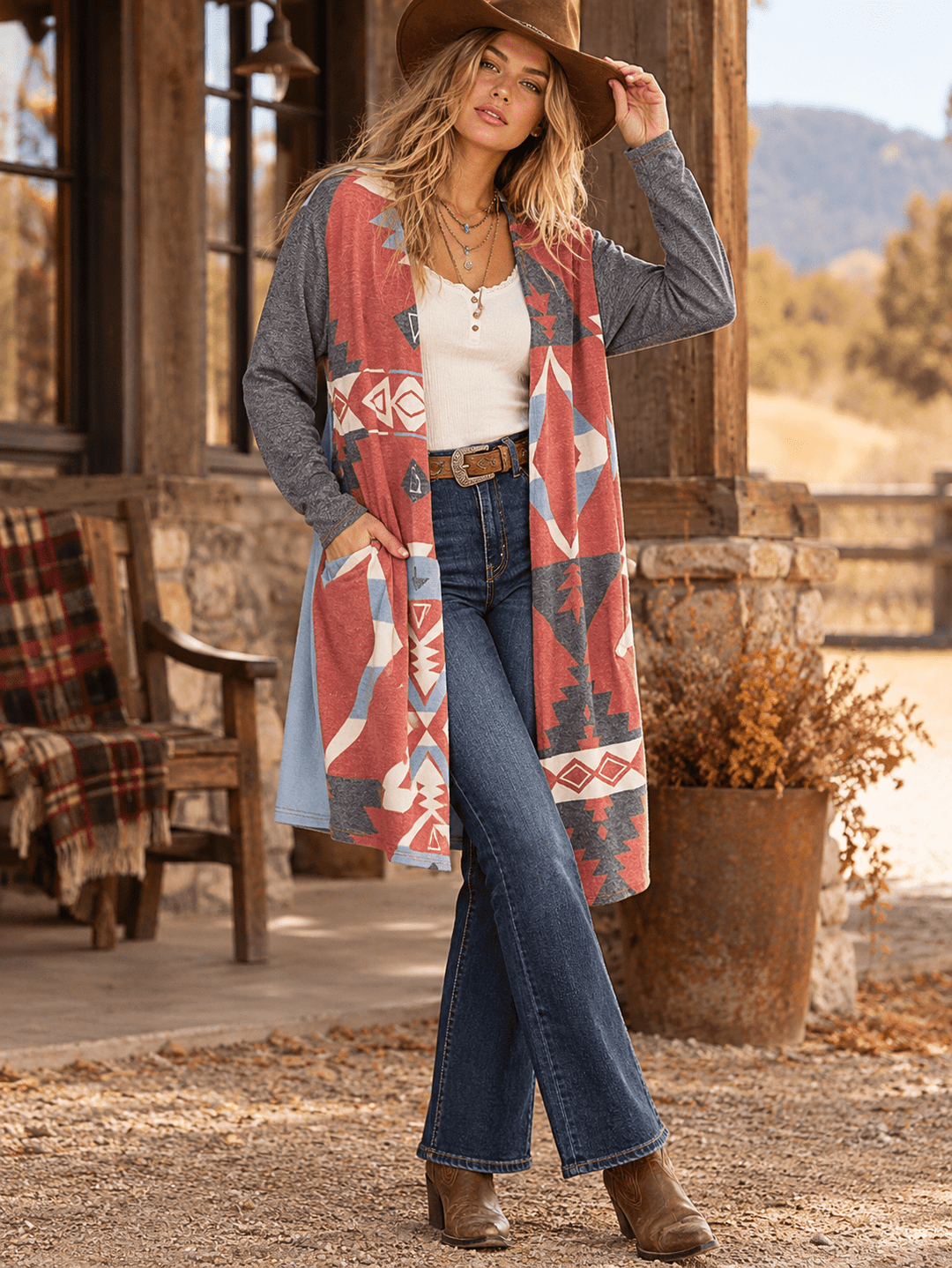 WOMEN'S LONG SLEEVE OPEN FRONT POCKETS MULTI PRINT CARDIGAN