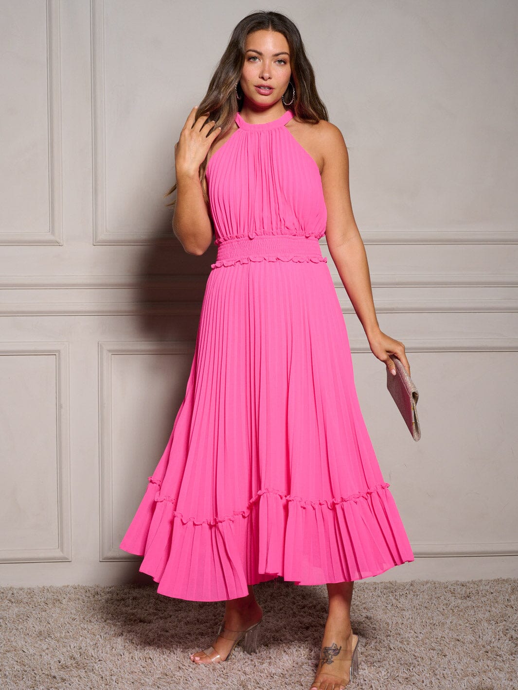 WOMEN'S SLEEVELESS HALTER NECK SMOCK PLEATED MAXI DRESS