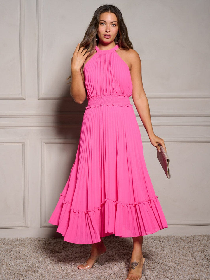 WOMEN'S SLEEVELESS HALTER NECK SMOCK PLEATED MAXI DRESS