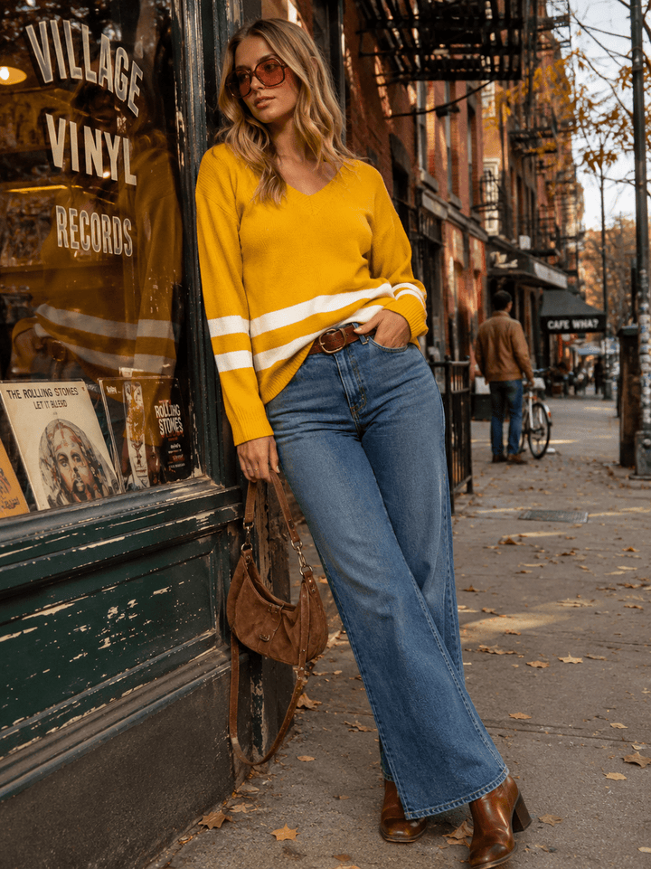 WOMEN'S LONG SLEEVE V-NECK COLORBLOCK KNIT PULLOVER SWEATER