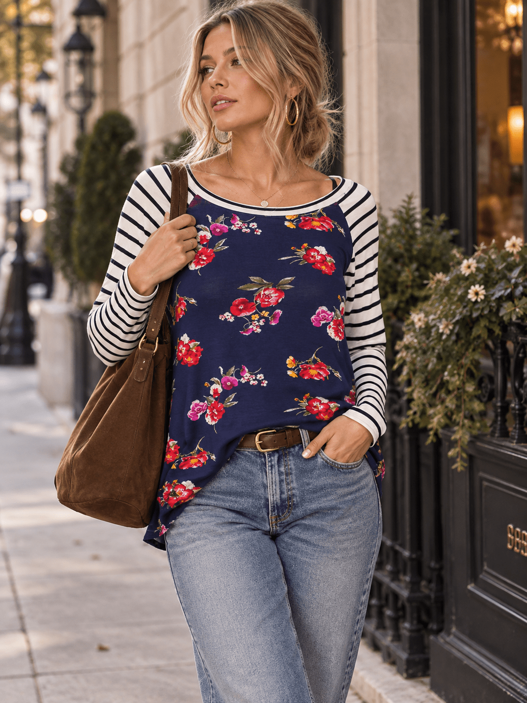 WOMEN'S 3/4 SLEEVE COLORBLOCK CONTRAST FLORAL STRIPES TOP