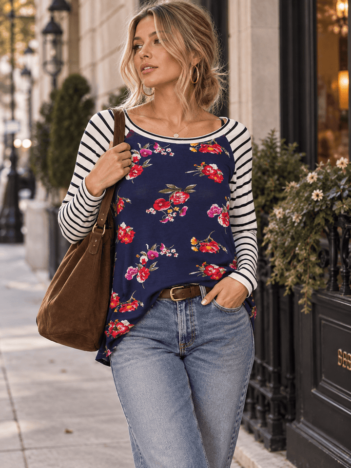 WOMEN'S 3/4 SLEEVE COLORBLOCK CONTRAST FLORAL STRIPES TOP