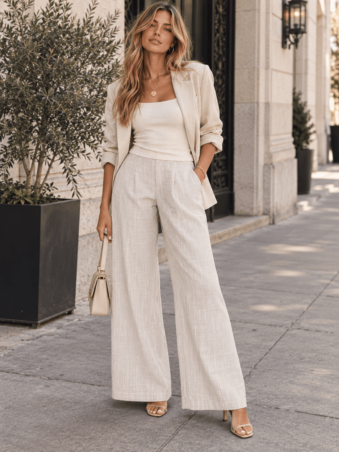 WOMEN'S BUTTON CLOSURE FRONT POCKETS TWEED WIDE LEG PANTS