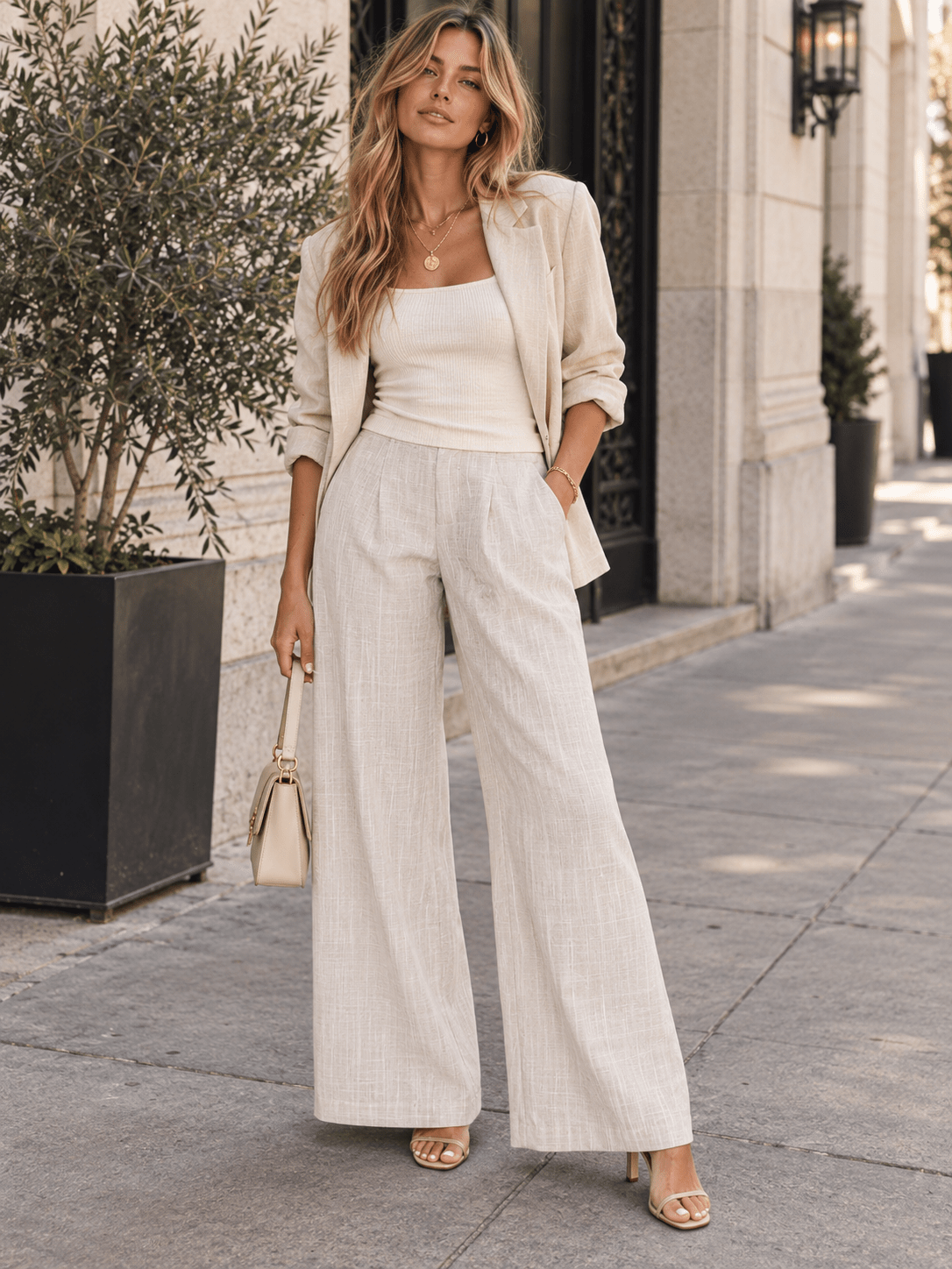 WOMEN'S BUTTON CLOSURE FRONT POCKETS TWEED WIDE LEG PANTS