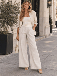 WOMEN'S BUTTON CLOSURE FRONT POCKETS TWEED WIDE LEG PANTS