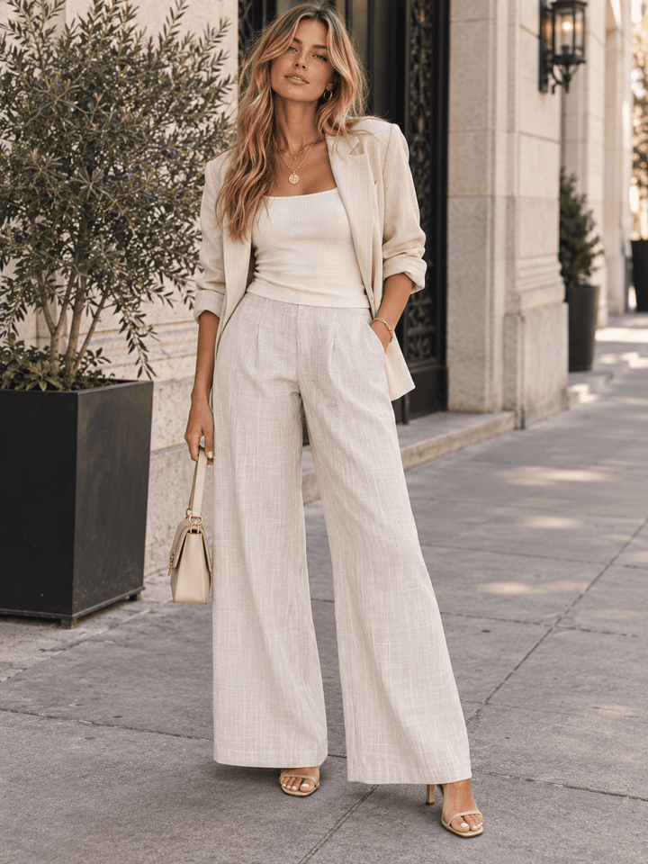 WOMEN'S BUTTON CLOSURE FRONT POCKETS TWEED WIDE LEG PANTS