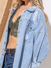 WOMEN'S LONG SLEEVE BUTTON CLOSURE FRONT POCKETS DISTRESS DENIM JACKET