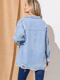 WOMEN'S LONG SLEEVE BUTTON CLOSURE FRONT POCKETS DISTRESS DENIM JACKET