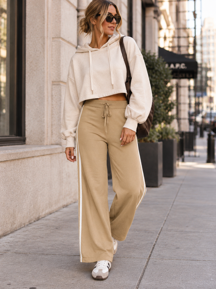 WOMEN'S ELASTIC WAIST SIDE STRIPES KNIT WIDE LEG PANTS