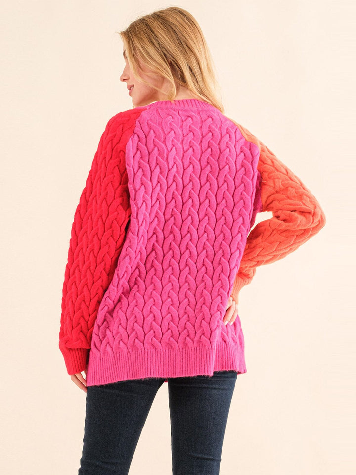 WOMEN'S LONG SLEEVE COLORBLOCK CABLE KNIT PULLOVER SWEATER