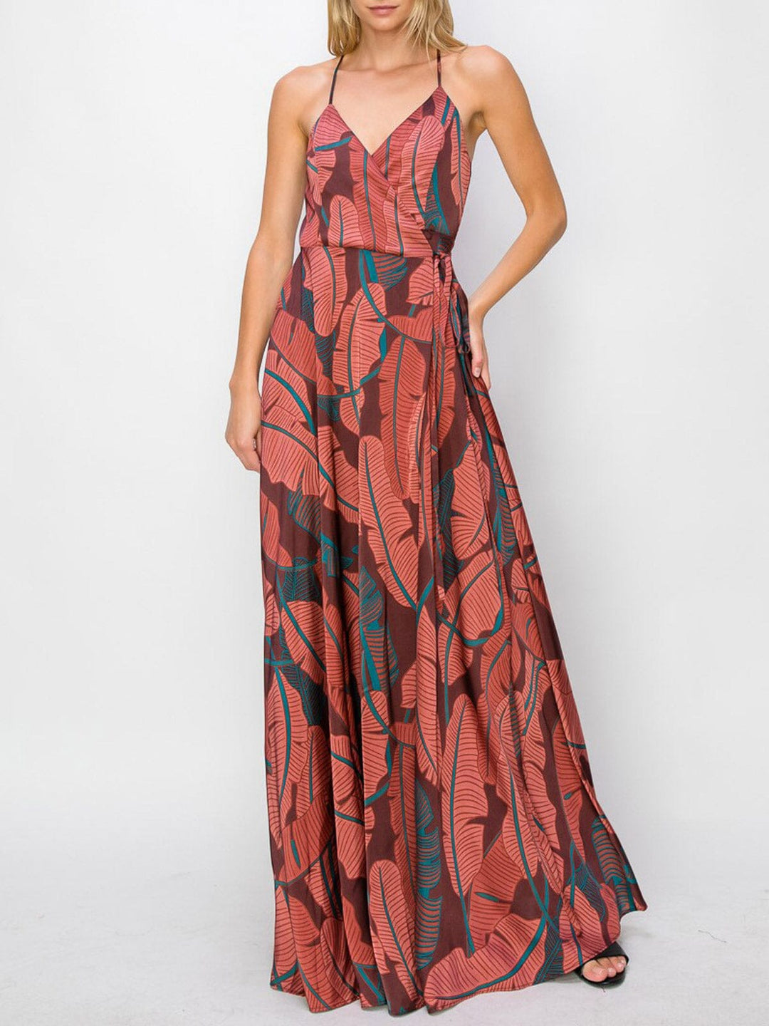 WOMEN'S SLEEVELESS LEAF PRINT WRAP MAXI DRESS