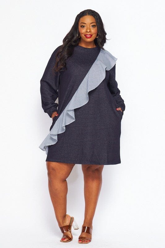 PLUS SIZE LONG SLEEVE RUFFLE DETAILED POCKETS TUNIC MINI DRESS