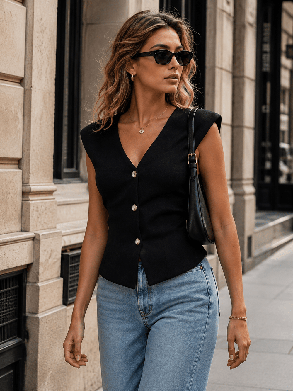WOMEN'S SLEEVELESS V-NECK BUTTON UP BLOUSE