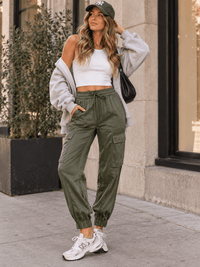 WOMEN'S ELASTIC WAIST CARGO POCKETS JOGGER LEG PANTS